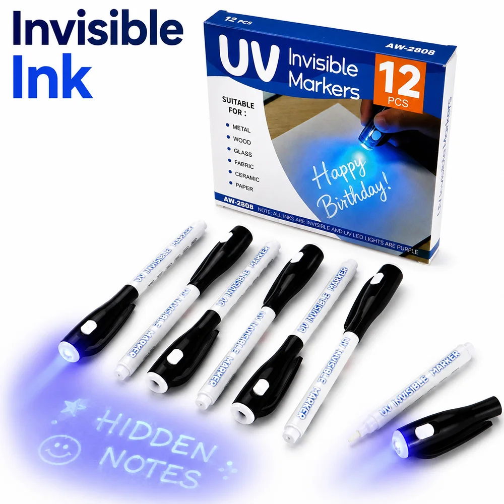 12 Pcs 보이지 않는 잉크 마커 세트 휴대용 UV 라이트 쓰기 펜 숨겨진 메시..