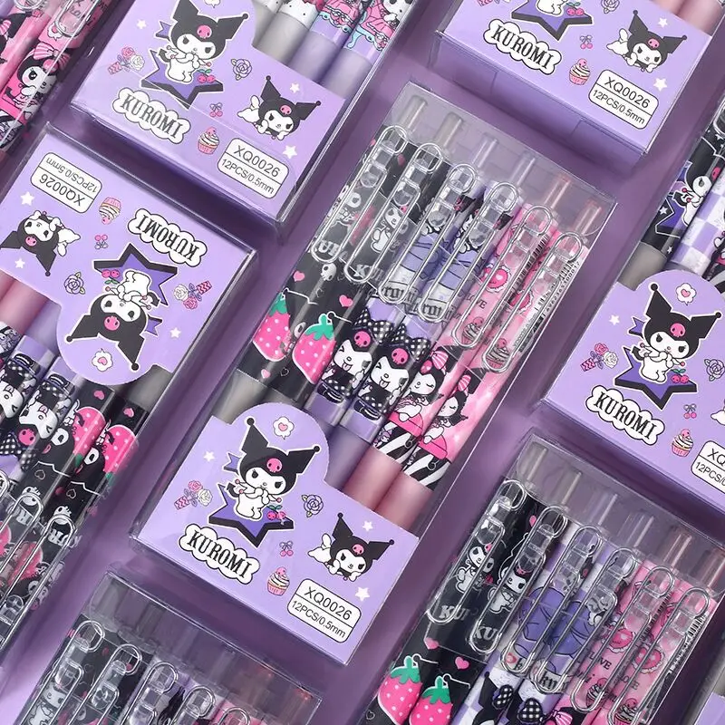 Sanrio 12pcs Cartoon Gel Pen Kawaii Hello Kitty Kuromi Cinnamoroll cancelleria 0.5 nero con gancio in metallo Office scrivi penne carine