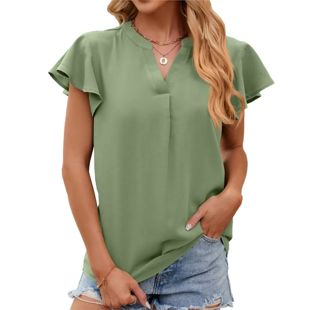 

2024 Summer New V-neck Flying Sleeves Solid Short Sleeve Chiffon Loose Top Women Casual Loose Pullover Blouse Shirt Femme Blusas