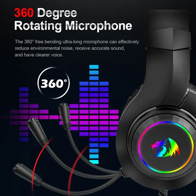 REDRAGON HYLAS RGB 게임용 헤드폰, 마이크 포함, 편안한 착용감, 소통에 용이, 80% 할인
