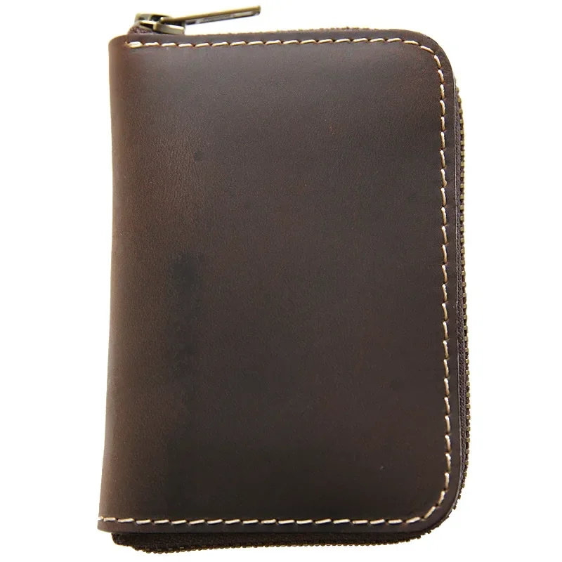 Luxury Brand Handmade Crazy Horse Leather Small Wallet Men's Layer Cowhide Zipper Short Coin Purse Leather Card Bag