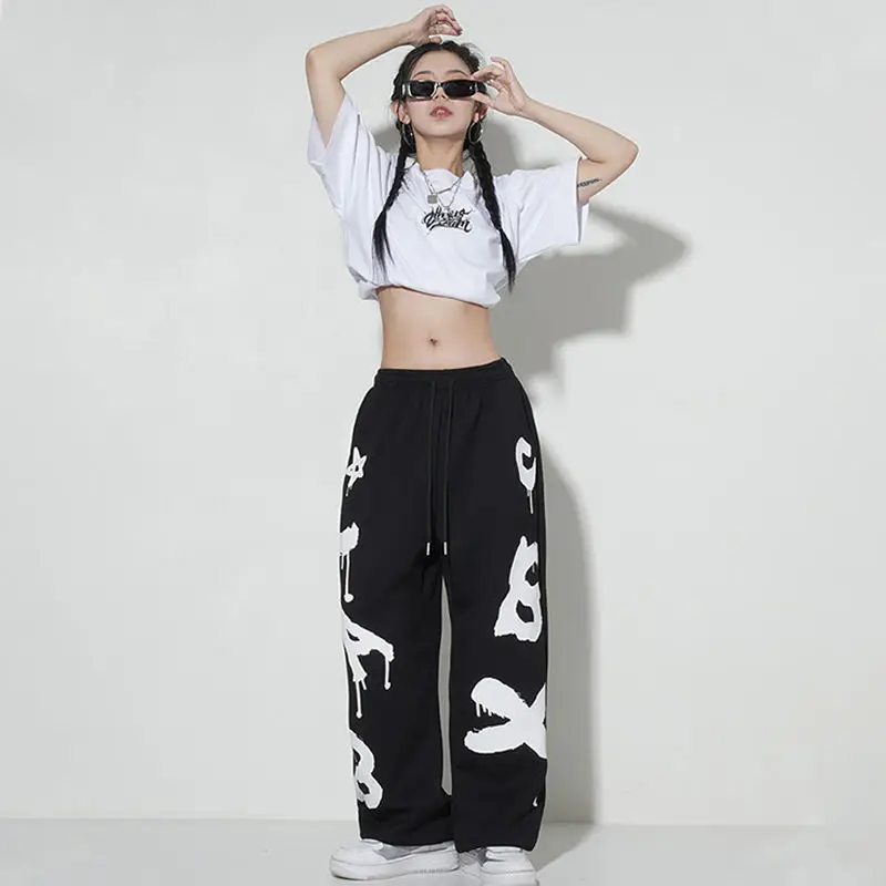 Hip Hop Vintage Women Loose Wide Leg Pants Spring Summer New Thin Letter Elastic Waist Dance Streetwear Sports Casual Trousers