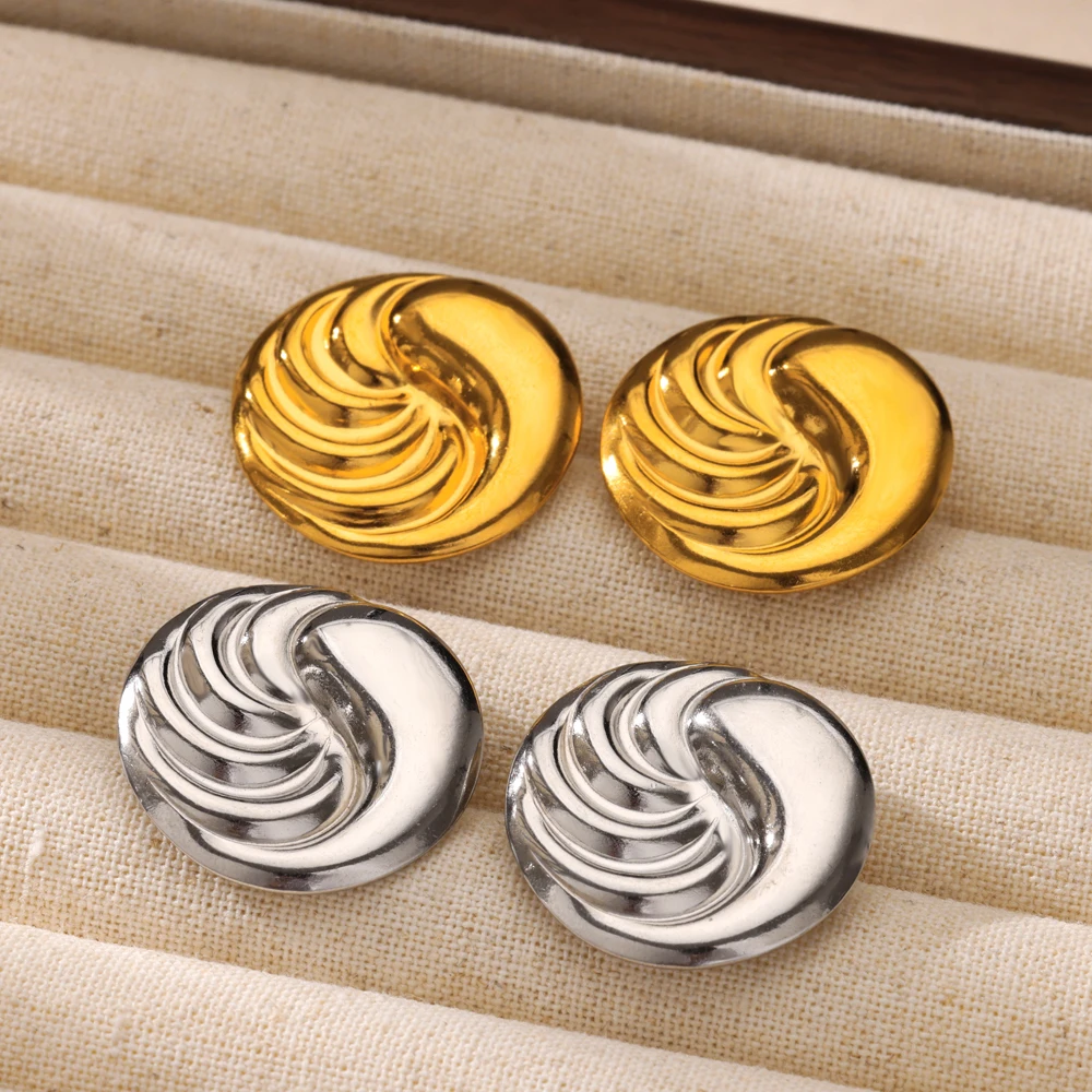 Irregular Texture Round Hollow Stainless Steel Stud Earring for Women
