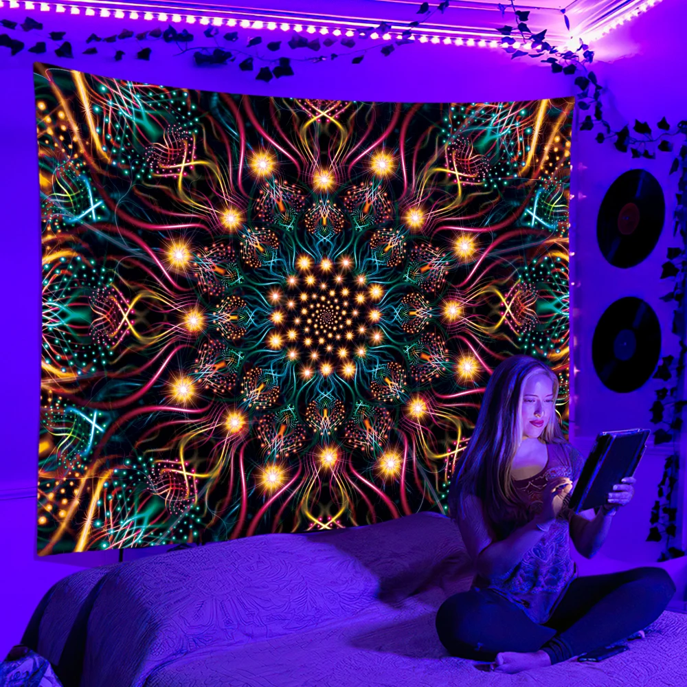 

Fluorescent tapestry UV reaction psychedelic tapestry Wall hung hippie DJ tapestry Bedroom dormitory independent room decoration