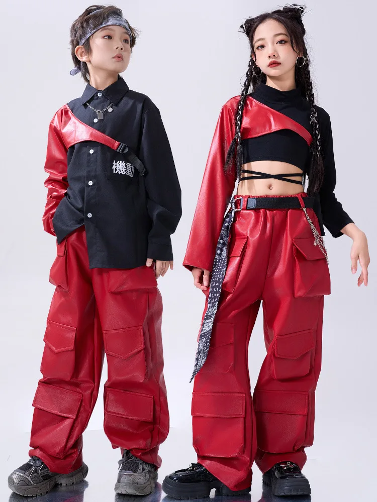 Girls Red Hip Hop Costume Crop Top Red Arm Covers Leather Pants for Boys Kids Jazz Clothes Street Dance Stage Set