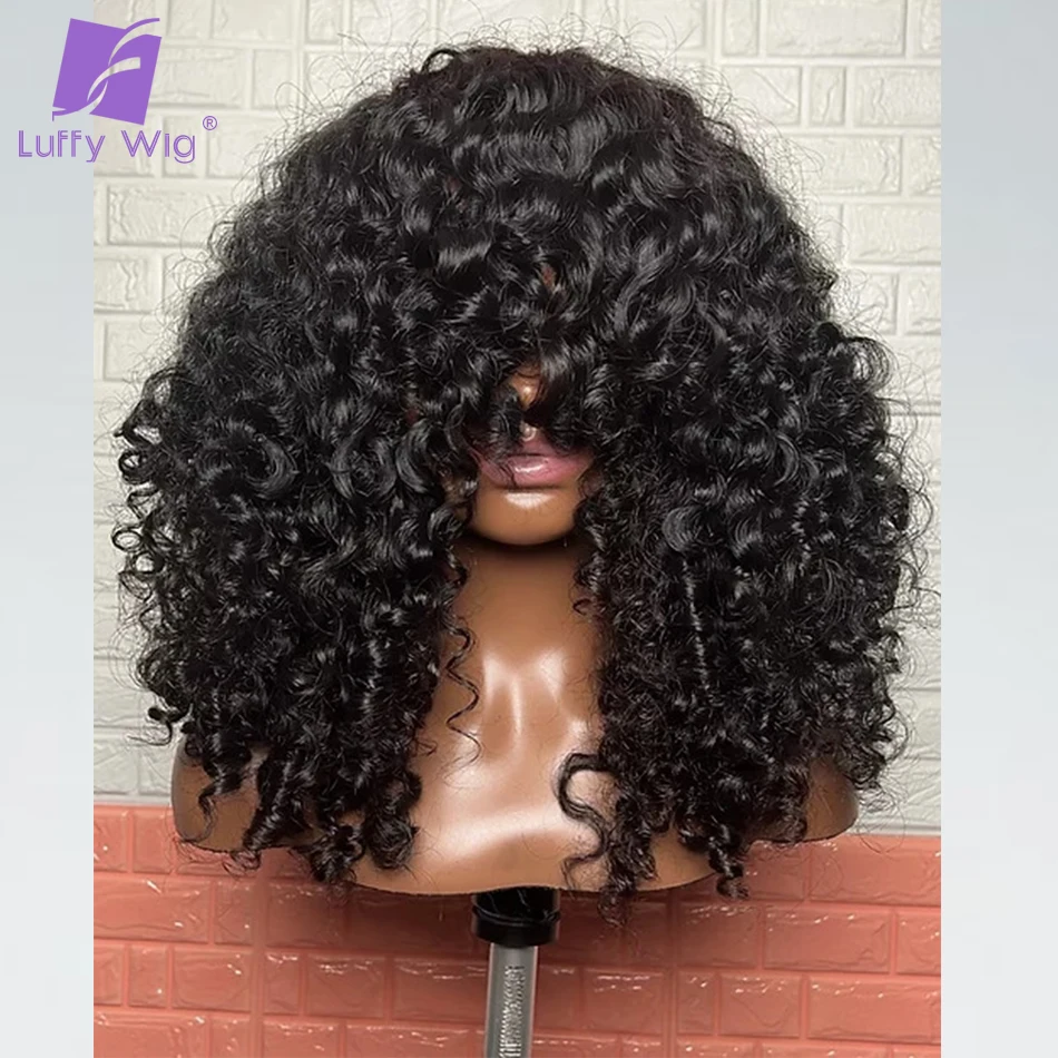 

Short Curly Bob Wig With Bangs Brazilian Remy Human Hair Bouncy Curly Bang Wigs Glueles Full 200 Density For Black Women Luffy