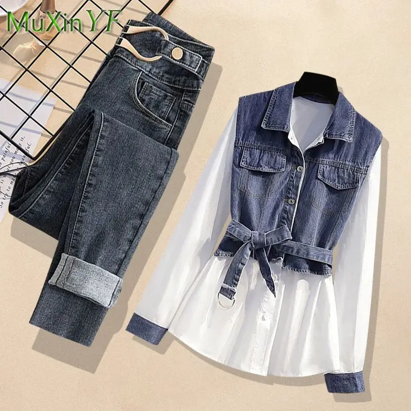 Women's Spring New Fashion Splicing Denim Long Sleeved Top Casual Jeans Two Piece Suit Korean Elegant Blouse Pants Matching Set blouses lace splicing button hollow out cold shoulder blouse in white size l m s xl