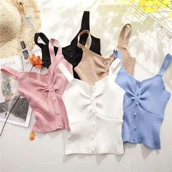 New Style Summer Crop Top Women Seamless Sexy V-Neck Wide Straps Tank Top Knitted Button Camisole Solid Corset Top Female Vest