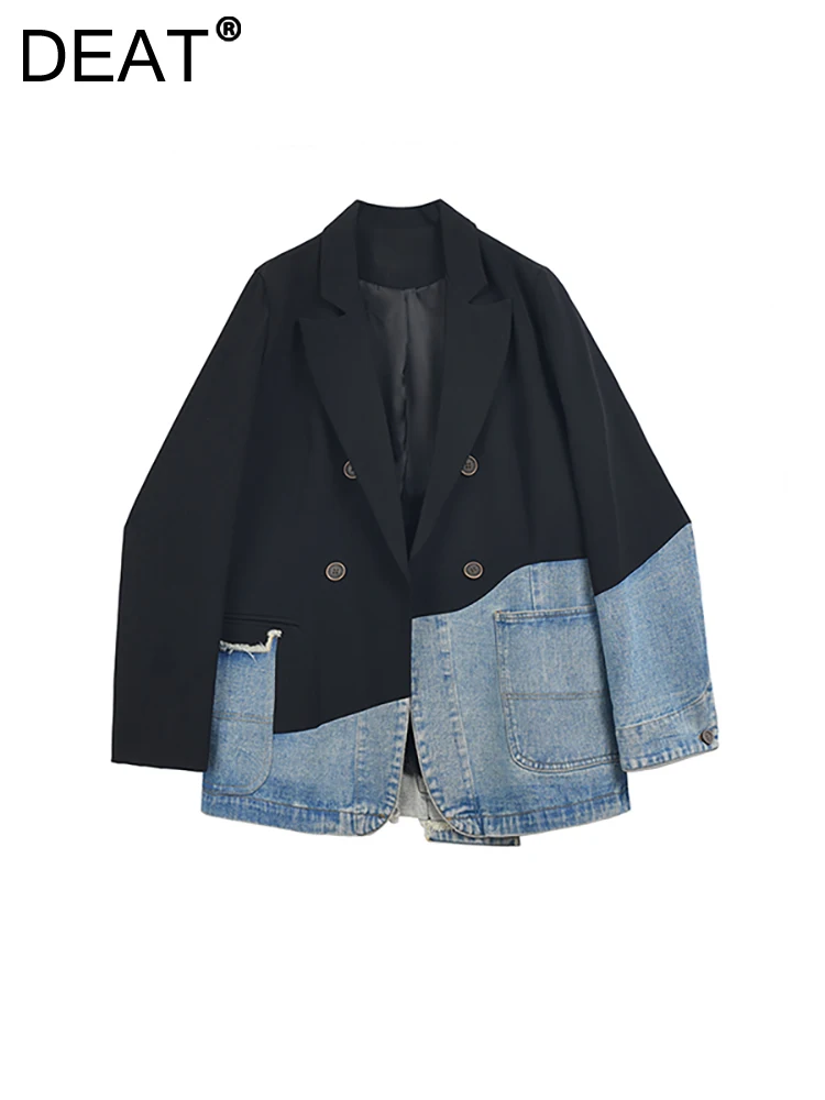 

DEAT Women Denim Blazer Notched Collar Patchwork Asymmetrical Single Breasted Loose Suit Jackets 2023 Autumn New Fashion 29L2453