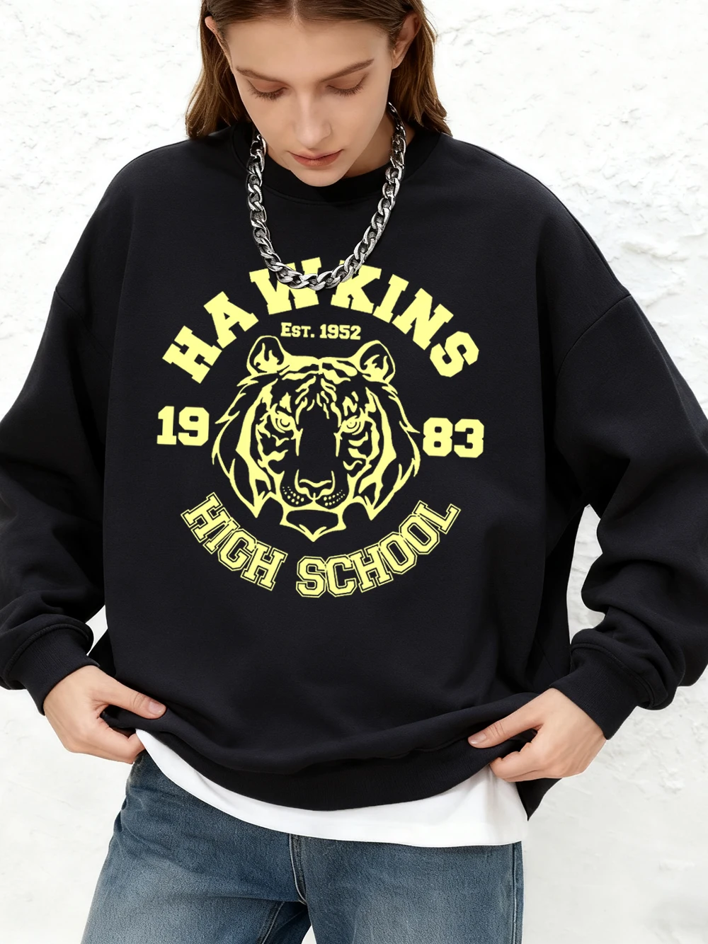 Hawkins High School Prints Sweatshirt Womens Winter Fleece Warm Hoodie Crewneck Jogger Pullovers Casual Loose Womans Clothes