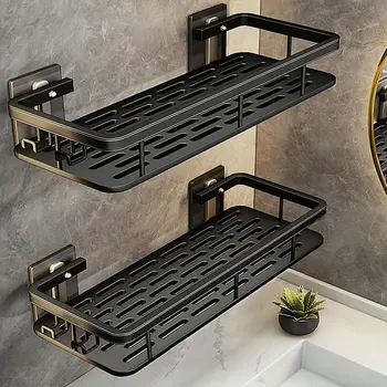 Punch ฟรีติดผนังห้องน้ําชั้นวางไม่มีเจาะชั้นวางของห้องครัวจัดเก็บแชมพู Rack Makeup Storage Organizer 1