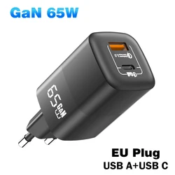 65W GaN Fast Charger with USB Quick Charge and UK Plug - EU Plug Black