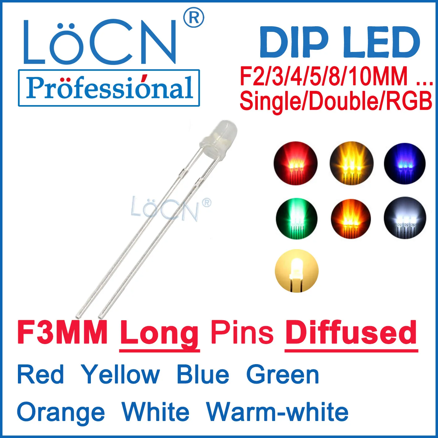 

LoCN 1000pcs F3 3MM Warm White Red Yellow Blue Green Orange Diffused Foggy Milky Round Head Long Pins 28mm 26-28mm with edged