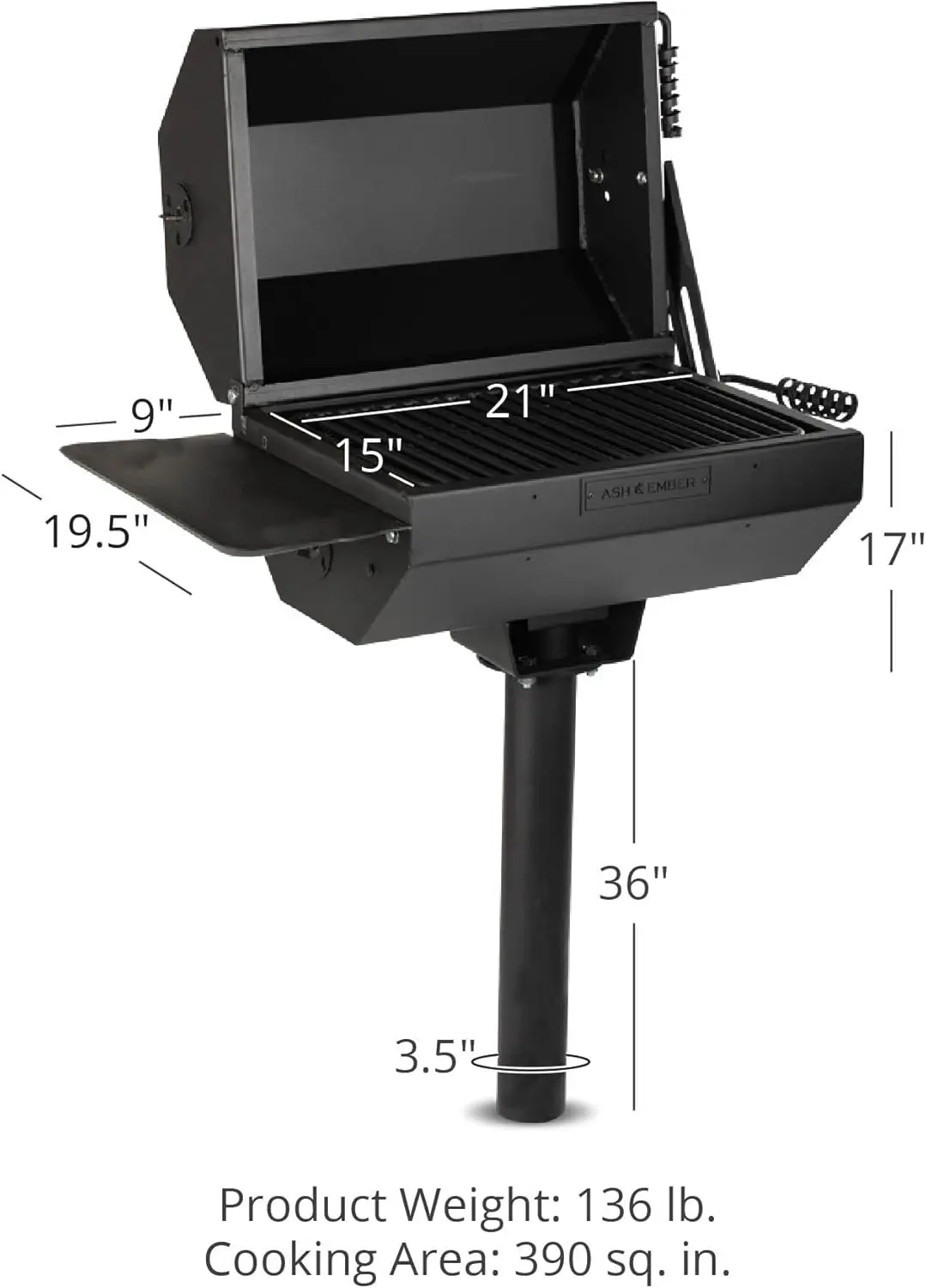 Park-Style Grill/Smoker, 390 Sq. Inch Charcoal Grill with Cover,Grate, Side Shelf for Food Prep & Accessories, Single Post