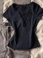 Trendy Slim Fit V-Ne ort Sve T-irt Women's Faion Design Sense Knot Sexy Top American Pure Desire Summer Sle