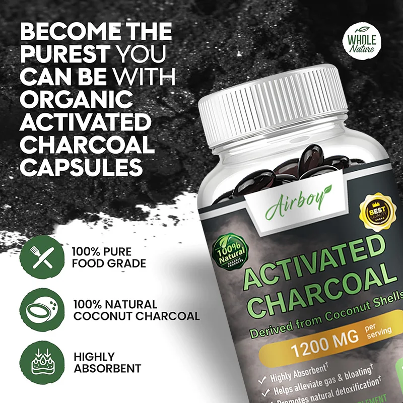 Activated Charcoal Capsules Used To Relieve Bloating and Detoxify The Body Promoting Intestinal Health