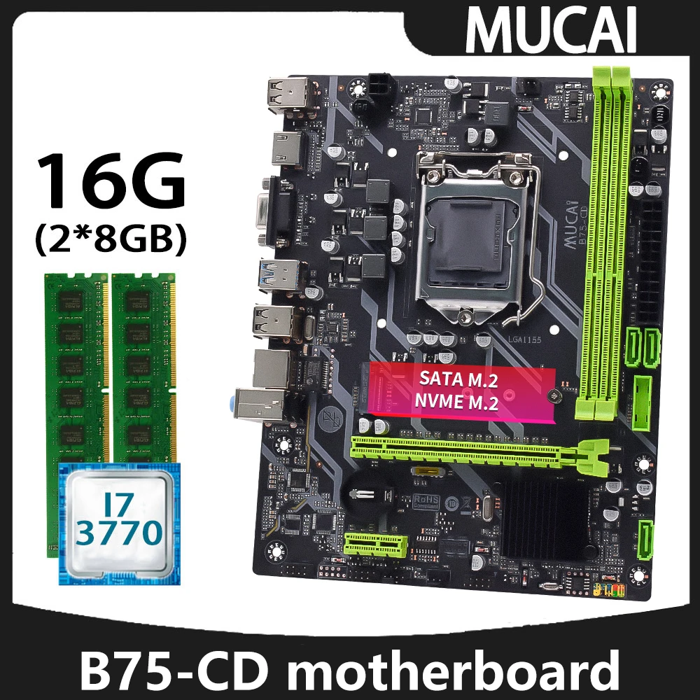 Mucai B75 Scheda Madre Lga 1155 Kit Set Con Processore Cpu Intel Core I7 3770 E Ddr3 16Gb(2*8Gb) Computer Pc Con Memoria Ram 1600Mhz
