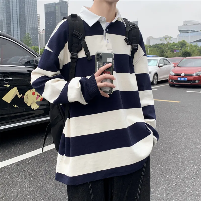 

Spring and Autumn New Customized Men's Loose Sweatshirts 2023 Lapel Stripe Joker Clothes Fashion And Comfy Long Sleeve D01