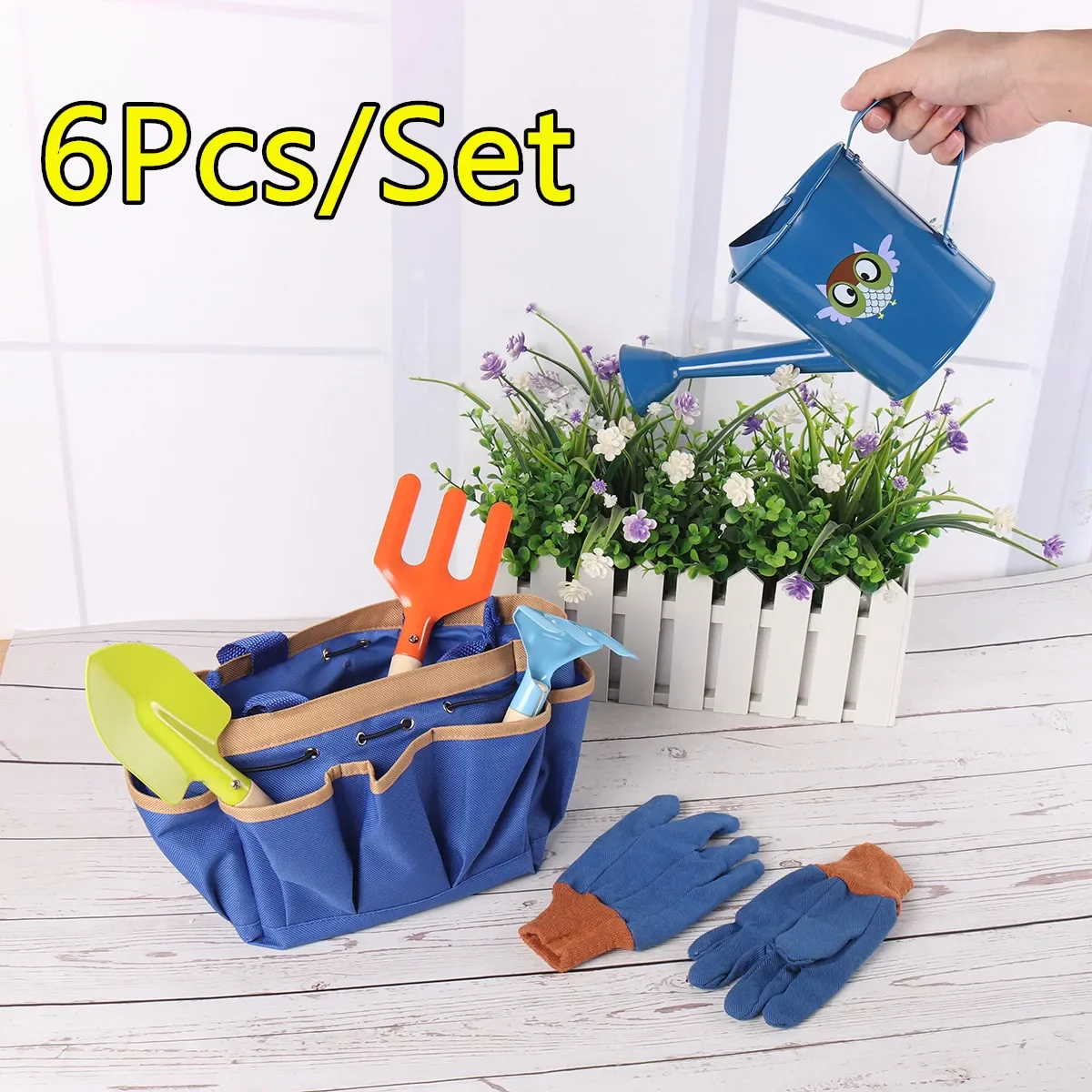 6Pcs Kids Gardening Tools Children Shovel Spade Fork Set Tote Bag Garden Yard