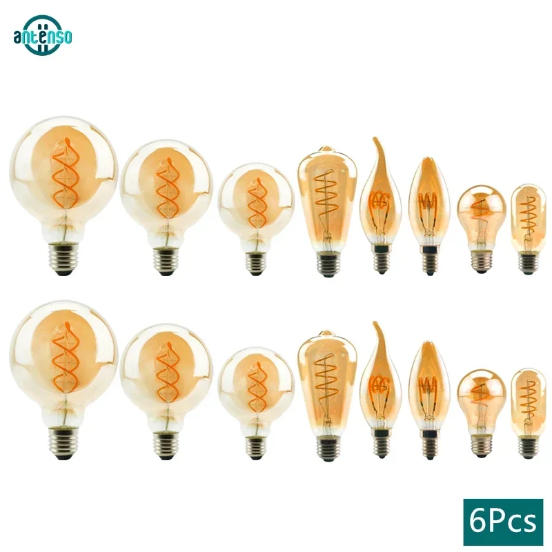 6pcs/lot Retro Edison LED Spiral Filament Bulb E27 E14 Lamp 220V 4W A60 C35 ST64 T225 G80 G95 Glass Bulb Vintage Candle Light