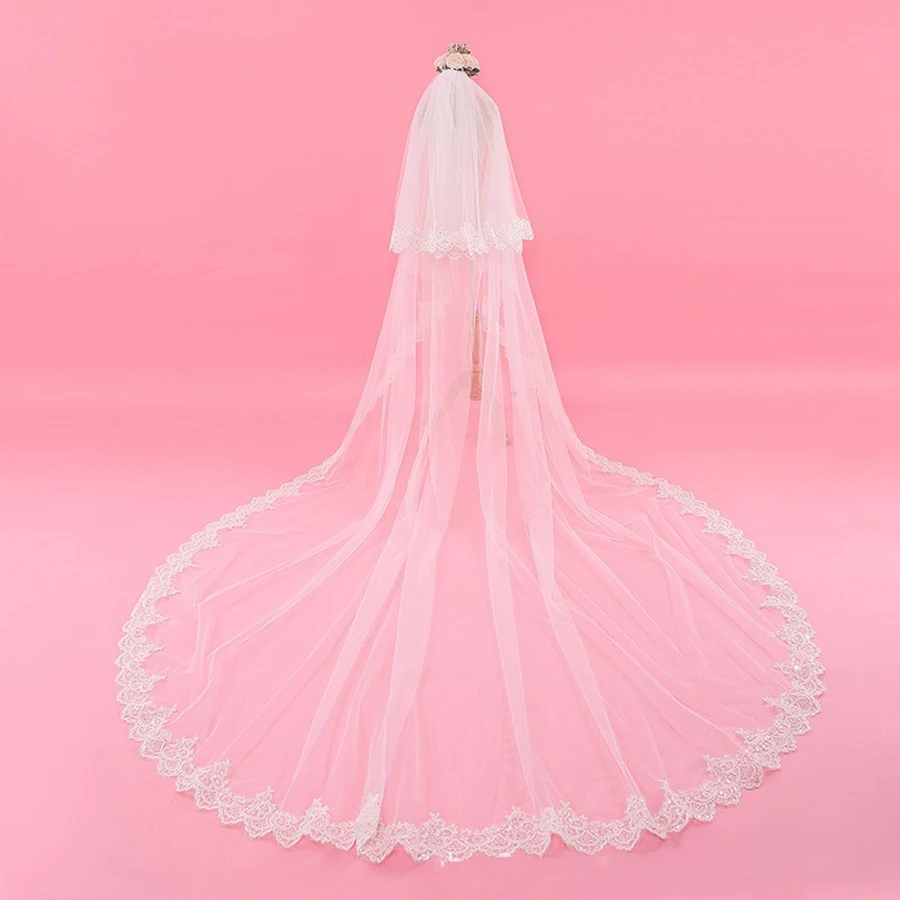 

New Arrival Cathedral Wedding veils Lace Appliques Two Layers Boda Bride Wedding accessories casamento Bridal Veil In stock