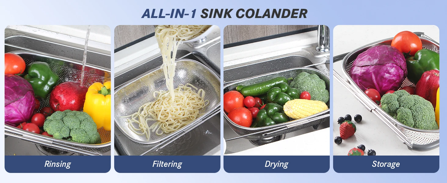 tastyWay Set Stainless Steel Over Sink Colander with Telescopic Handle - Metal Mesh Strainer Basket for Washing Fruits & Vegeta 5 Sce14dae8ed8840e98479cd26e705d5d1v