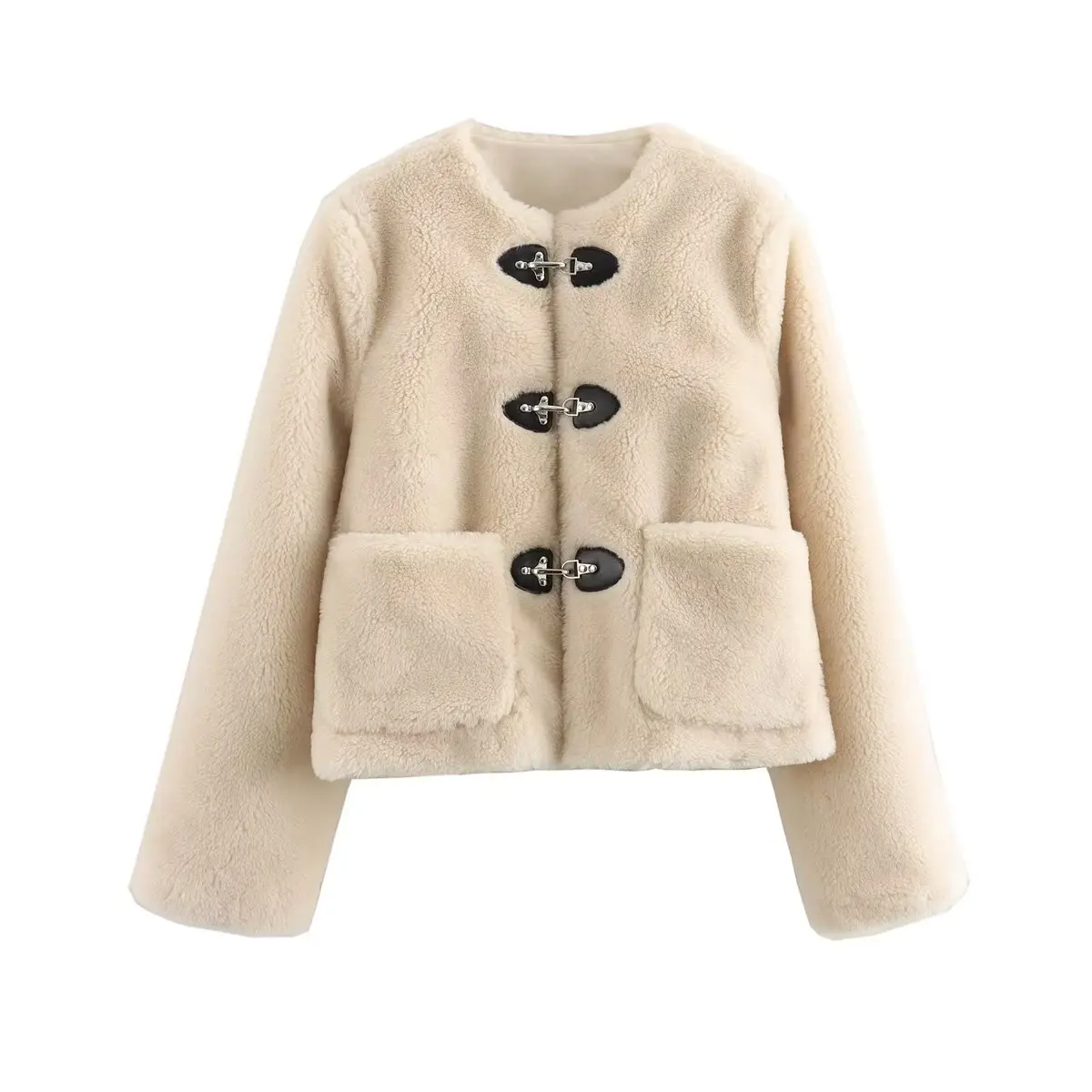 

Women New Fashion Pocket decoration Cropped Warm Fleece Coat Vintage Long Sleeve Spring buckle Female Outerwear Chic Overshirt