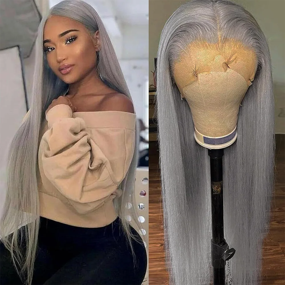 Grey Straight 13x4 HD Transparent Wigs Brazilian Virgin Human Remy Hair Wig For Black Women Pre Plucked Hairline Lace Front Wig