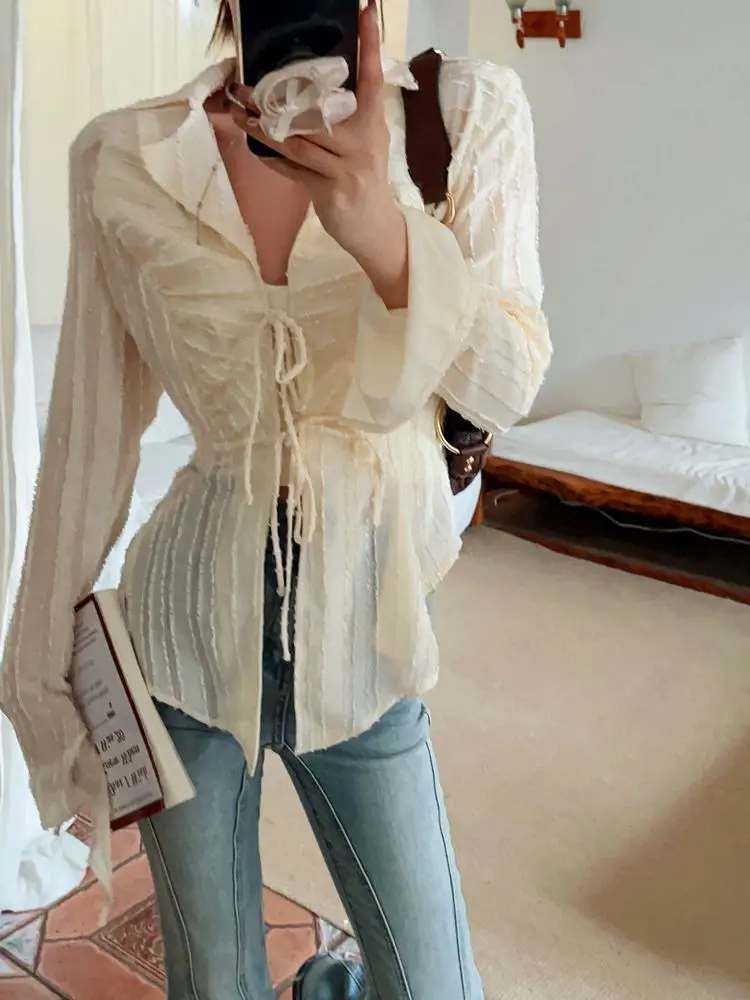 Aprikose Chiffon Sonnenschutz Shirt Damen Langarm Shirt V-Ausschnitt Unregelmäßiges Top – Detail 5