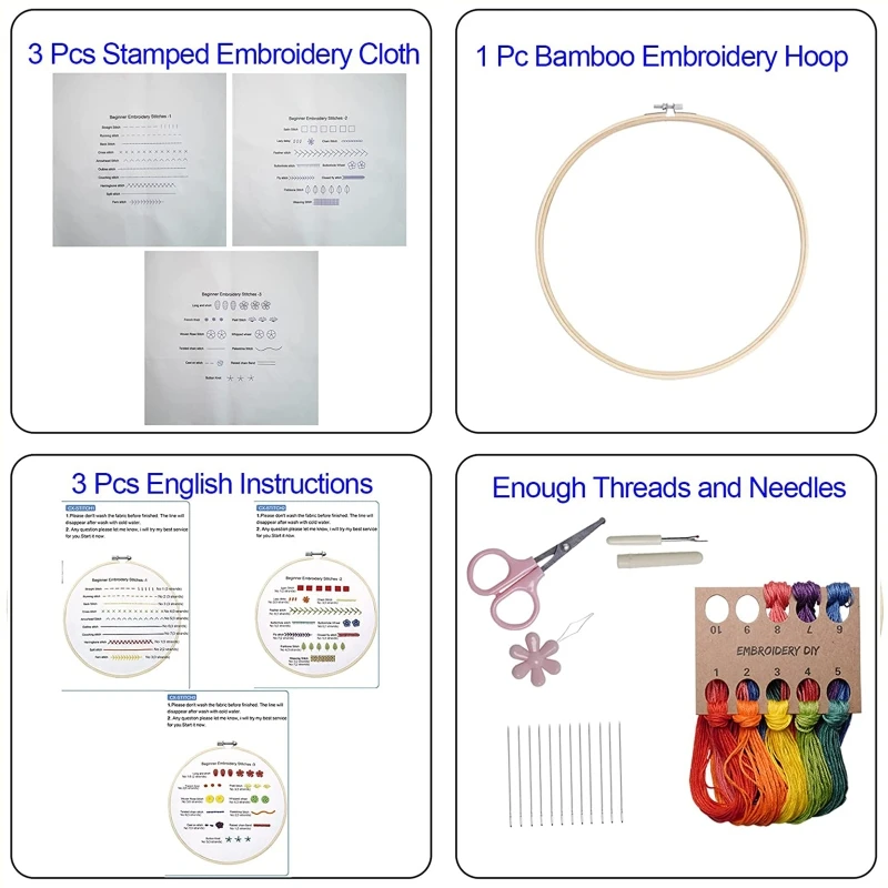 3 Sets Of Embroidery Kits, Beginner Embroidery Kits, Stamped Embroidery  Starter Kit Including Embroidery Cloth, Threads, Needles, Detailed Drawing  Instructions