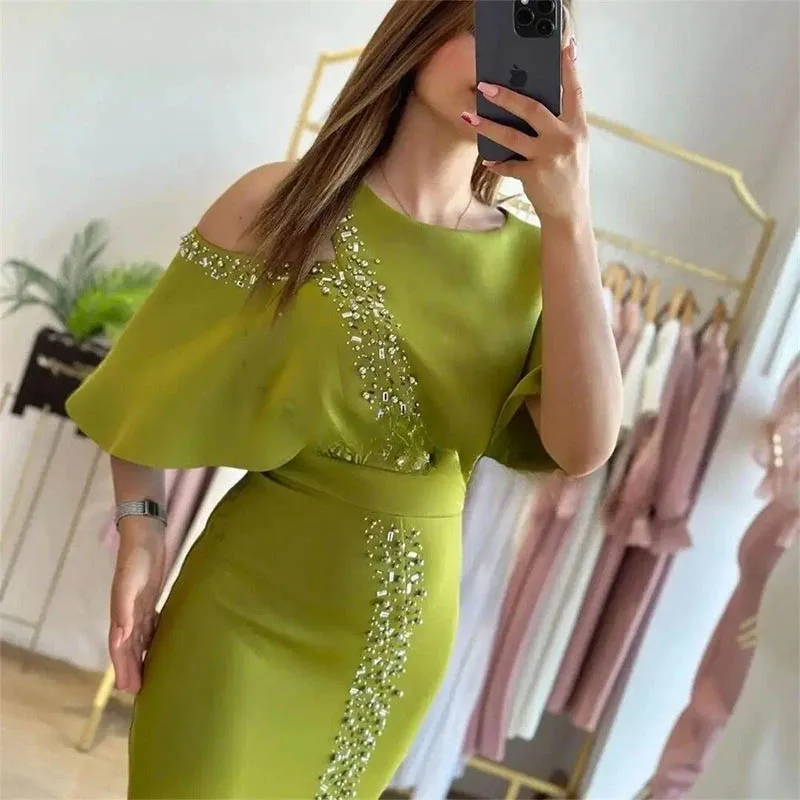 

Elegant Mermaid Prom Dresses for Women O-Neck Beaded Side Slit Cocktail Party Evening Gowns Half Sleeves Dress