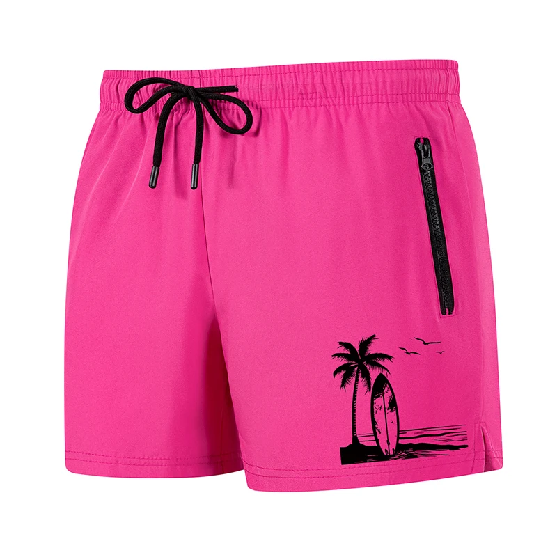 Tropical Surfboard Print Men's Beach Shorts with Mesh Liner and Zipper Pockets
