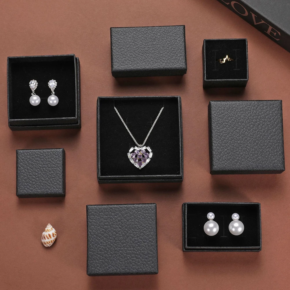 24pcs Black Litchi Stria Jewelry Box with Black Sponge Paper Cardboard Storage Packaging Perfume Ring Earring Pendant Display
