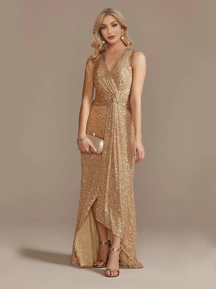 

Sequin Evening dresses v neck sleeveless Shinny luxury Prom dresses Maxi dress Vestido dourado longo Vestido de festa luxo dubai