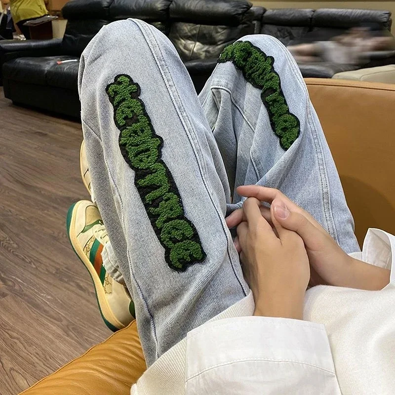 Jeans for Men With Print Straight Trousers Grunge Y2k Graphic Baggy Low Rise Stretch 2023 Trend 90s Streetwear Mens Cowboy Pants