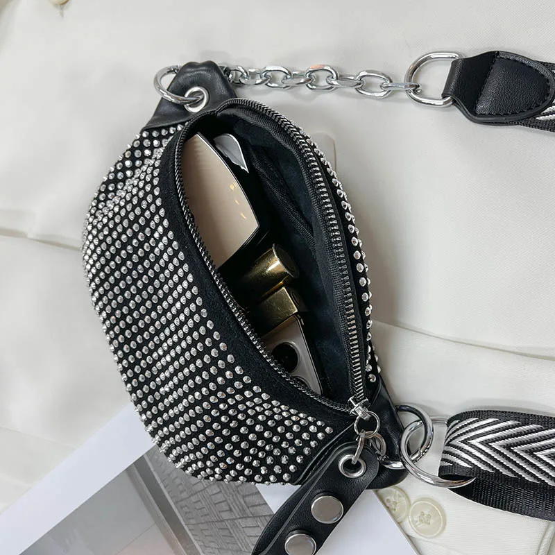Designový dámský pas Nový dámský řetězový ramenní crossbody hrudník Diamond ledvinka a telefonní taška Módní dámský opasek_voghion.com