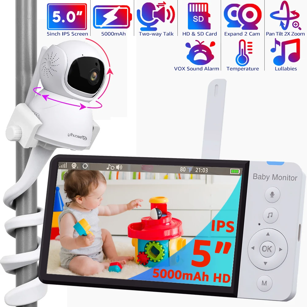 avec support) Moniteur pour bébé HD 5 pouces avec caméra panoramique,  inclinaison et zoom, batterie longue durée de 5 000 mAh, écran IPS,  babyphone PTZ, caméra pour bébé, audio bidirectionnel, vision nocturne -  AliExpress