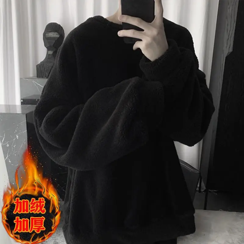 2023 New Hong Kong Style Plush Winter Lamb Polar Fleece Warm Thickened Sweater Men's Loose Korean Version Student Clothes