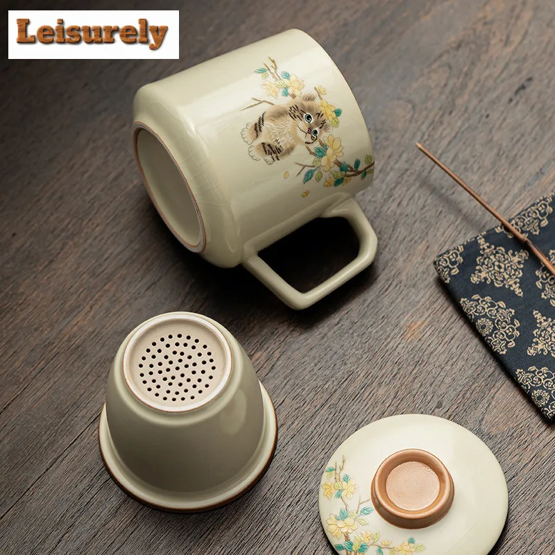 400ml Cute Cat Ru Kiln Porcelain Office Work Cup Antique Filter Tea Separator Cup Can Nourishing Personal Water Mug With Lid
