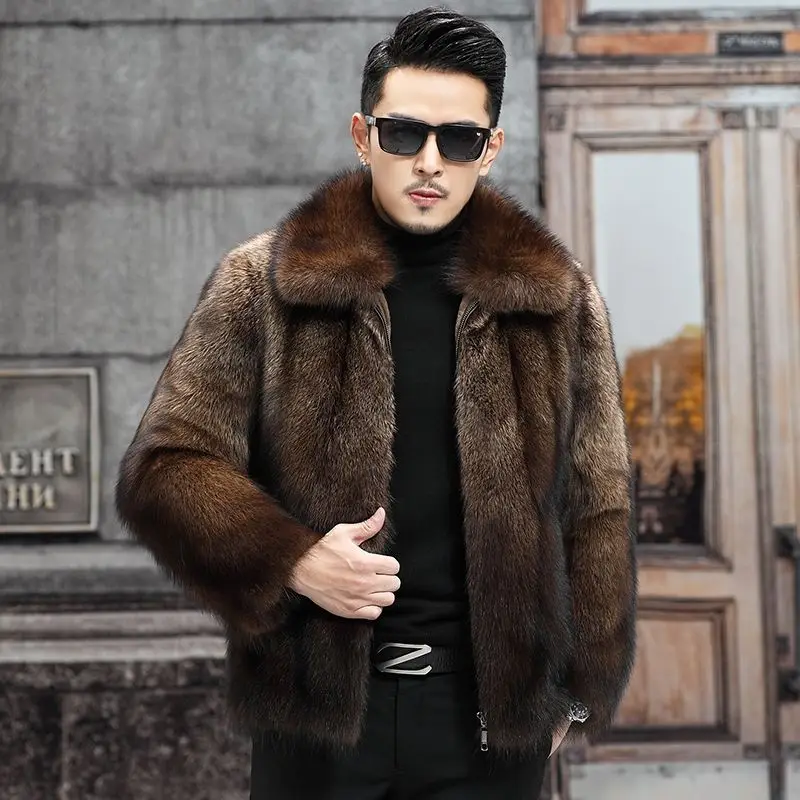 High Quality Winter New Style Ferret Fur Coat Zipper Golden Mink Velvet Fur  Lapel Coat Badge Homme Heren Winterjas Men Fur Coat
