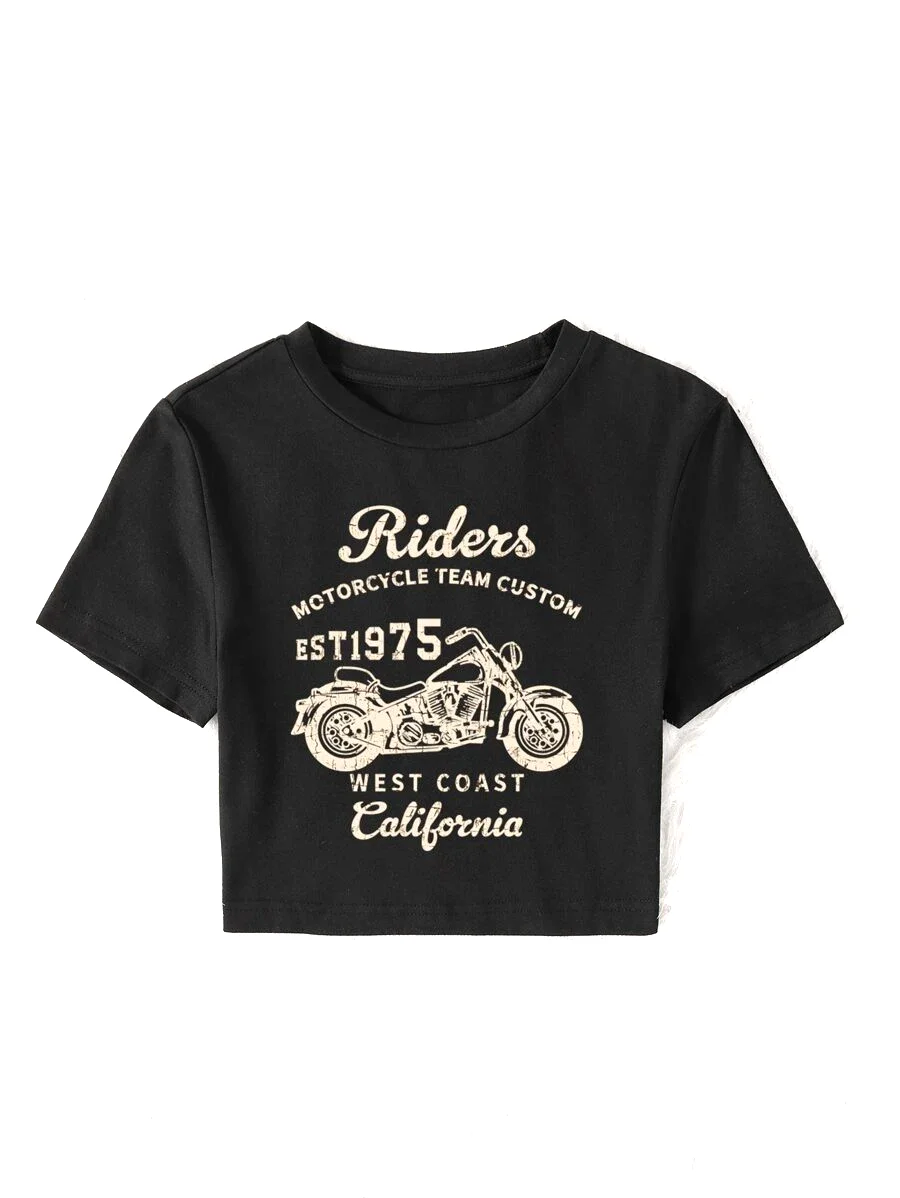 Été Spr femmes Y2K Sexy Coupe Slim Sans Manches Col Rond Haut Court Chemise Moto & Lettre Graphique Tee Women617_voghion.com