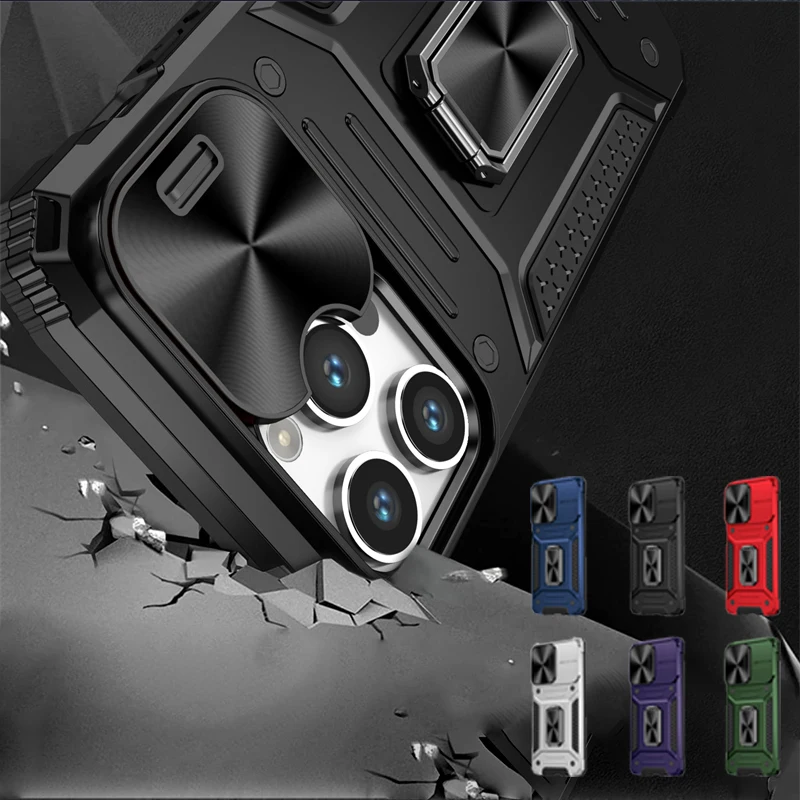 

For iPhone 15 Pro Max Case Cover iPhone 12 13 14 15 Pro Max Capas Magnetic Ring Holder Slide Camera Lens Case iPhone 15 Pro Max
