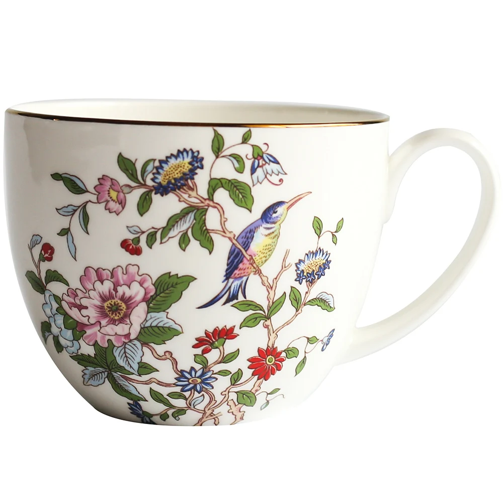 Taza de cerámica de hueso de 750 ml y 25 OZ para café, leche, cereales, té, fideos instantáneos, patrón creativo de flor de pájaro rosa, DEC434