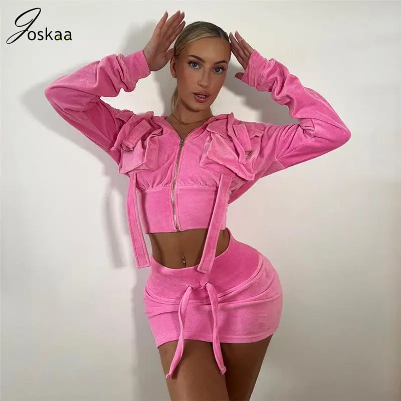 

Joskaa Casual Women's Set Long Sleeve Hooded Short Jackets and Mini Skirts 2023 Autumn Fashion Two Piece Sets Outfits Tracksuits