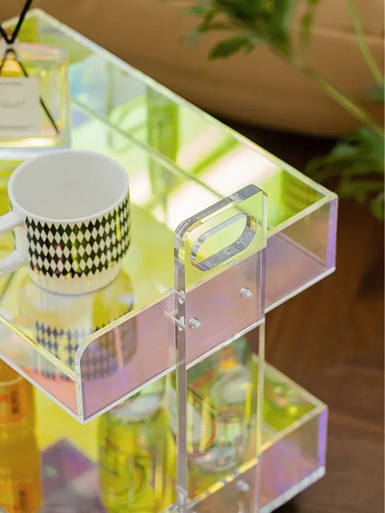 Rotatable Rainbow Luxury Acrylic Living Room Sofa Side Edge Coffe Table Transparent Mobile Tea Table Trolley Storage Rack