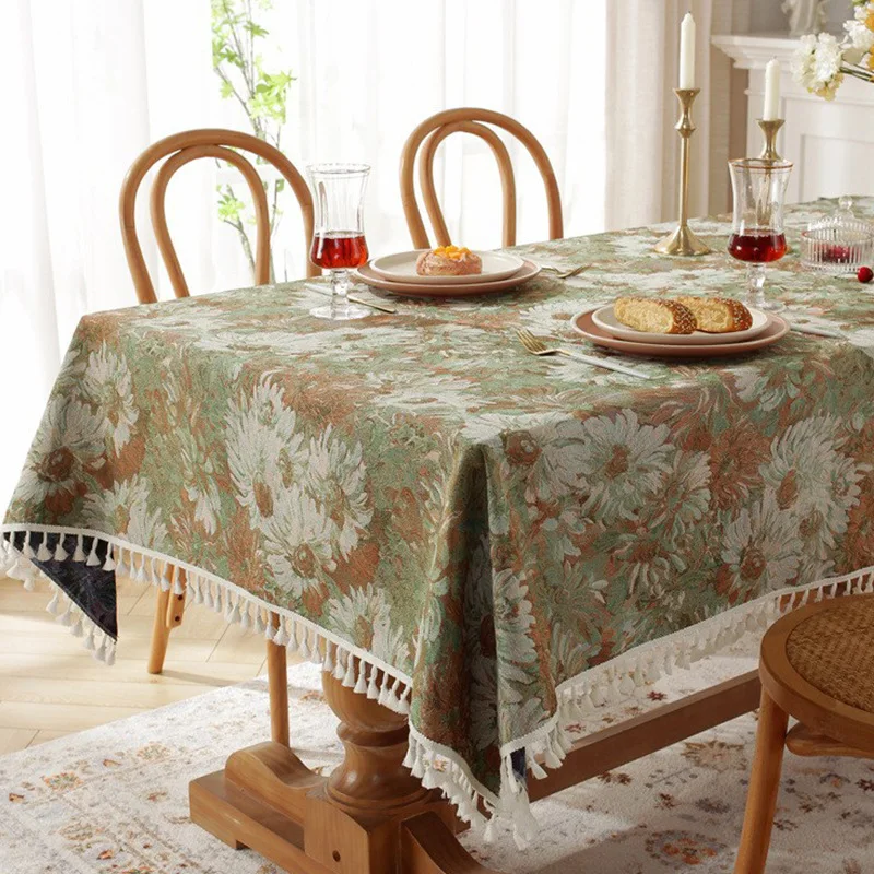 

Vintage jacquard oil painting table cloth Daisies large fringe tablecloth rectangular end table cloth
