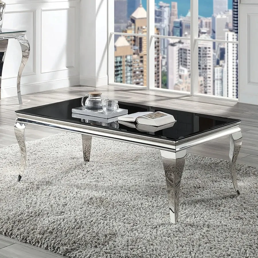 Glam Contemporary1pc Coffee Table Black Glass Top Silver Color Table Living Room Stainless Steel Cabriole-Style Legs 2