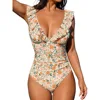 One Piece Swimsuit Women Ruffled Bathing Suits V Neck Lace Up Tummy Control Swim Suit