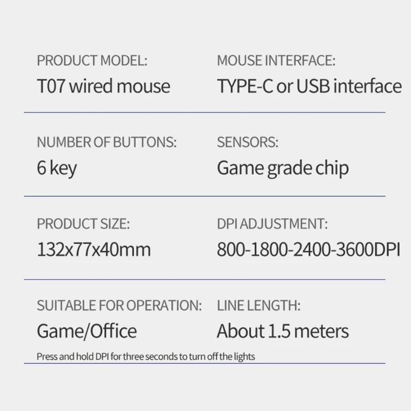 TypeC 마우스 정밀 제어 USB C 게이밍 마우스(6개 버튼 포함) 여러 장치를 위한 백라이트 3600DPI 인체공학적 디자인