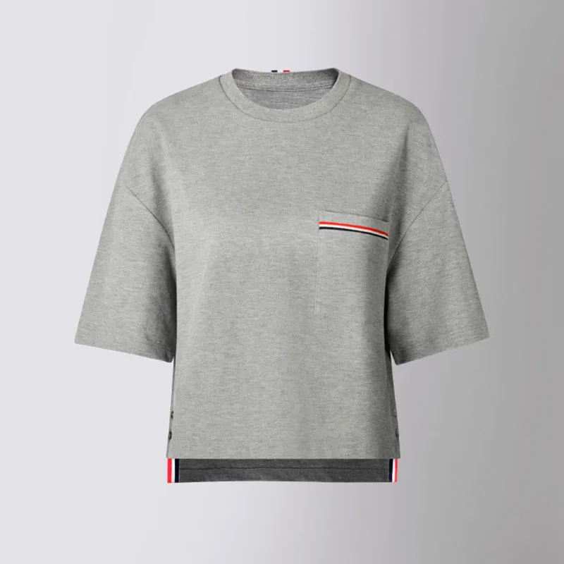 

TB THOM Mens T-shirt Summer Luxury Brand Top Classic Pure Cotton RWB Pocket Design Trim Shirts Casual Solid Oversized T-shirt